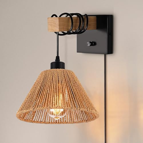 3x Boho Rattan Pendant Lamp Replacement Shade Ceiling Fan Light Bulb Covers Light Shades for Hanging Light Fixtures Shades Only Farmhouse Wicker Woven Lampshade, Ø9.85" x H5.5" - size: Ø9.85"（25cm）