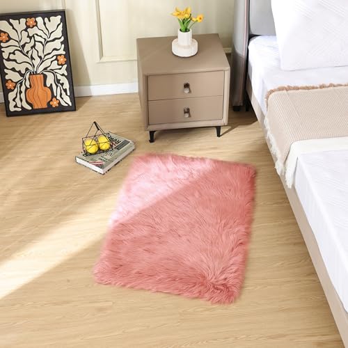 ORINOVA Pink Fluffy Sheepskin Fur Area Rugs for Bedroom Washable Furry Carpet Rug for Living Room Faux Fur Rug 2x3 Nursery - color: Pink, size: 2' x 3' (Rectangular)