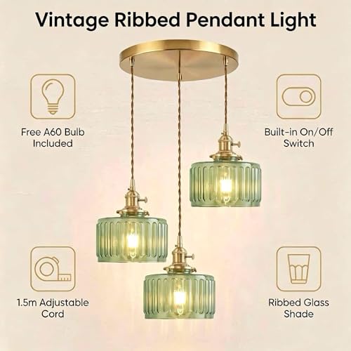 Green Striped Glass Pendant Light, 3 Natural Light Bulbs Included, Adjustable Cord with Switch, Suitable for Kitchen Island/Dining Room - color: Green 3pcs Ribbed Glass Pendant Light