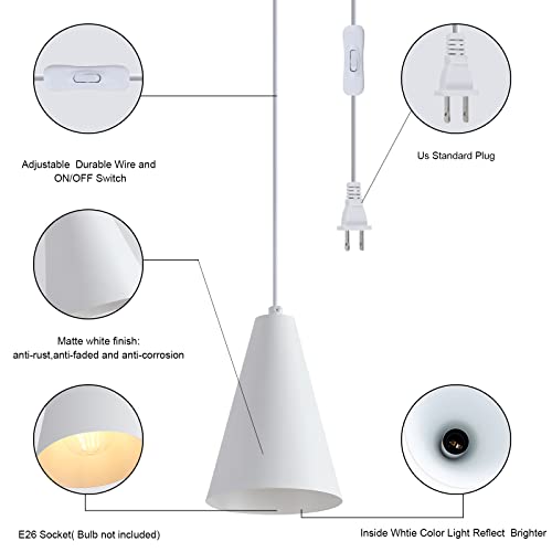 White Plug In Pendant Lights Kitchen Island,Dining Room Light Fixtures Over Table 1 Pack with Cone Metal Shade, Modern Farmhouse Mini Chandeliers with Cord On/Off Switch Hanging Lighting for Sink - color: 1Pack white-Plug in