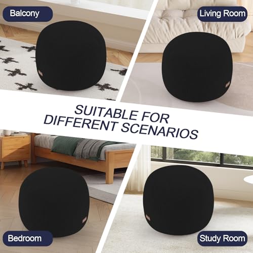 MeMoreCool Stuffed Round Pouf Ottoman Foot Rest, Floor Pouf Foot Stool with Soft Foam Chunk Filling, Small Round Ottoman Footstool Circle Footrest for Living Room, Black - color: Teddy Black