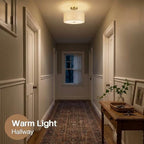 13" Boho Woven Rattan Ceiling Light Fixture, 3-Light Semi Flush Mount Modern Drum Lamp with Beige Fabric Shade, Rustic Lighting for Bedroom, Living Room, Dining Room, Hallway and Entryway - color: Warm Beige