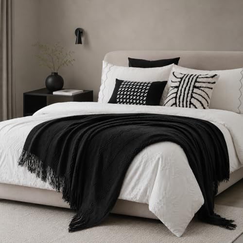 BATTILO HOME Black Throw Blanket with Fringe, Bed Throws for Home Decor, Decorative Black Knit Throw for Couch Sofa, 50"x60" - color: Black, size: 50 x 60 in.