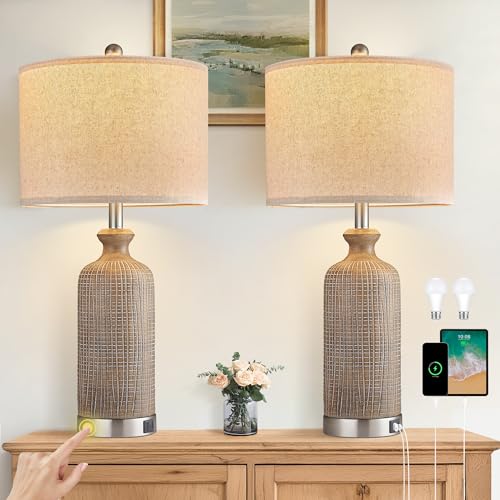 Living Room Lamps Set of 2, 27" Touch Lamps for Nightstand with USB A+C Ports, Modern Farmhouse Table Lamps for Bedroom, Wood Grain, Ceramic - color: Wood Grain