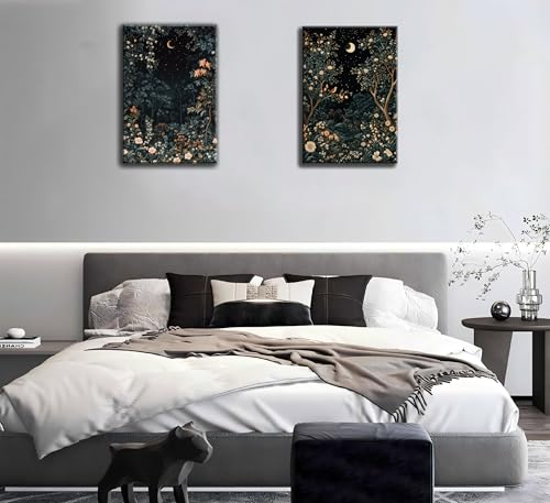 2Psc Vintage Dark Moon Botanical Framed Canvas Wall Art Dark Flower Painting Picture Wall Decor William Morris Night Fores Poster Print Artwork for Bedroom Living Home Decoration16x24 Inch - color: YUELIANGHUAHUI, size: 24"L x 16"W