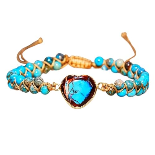 Women Boho Wrap Bracelet,Handmade Natural Stone Crystal Emperor Beads Heart Bracelet, Fashion Bohemian Jewelry Gift for Women - color: Blue #2