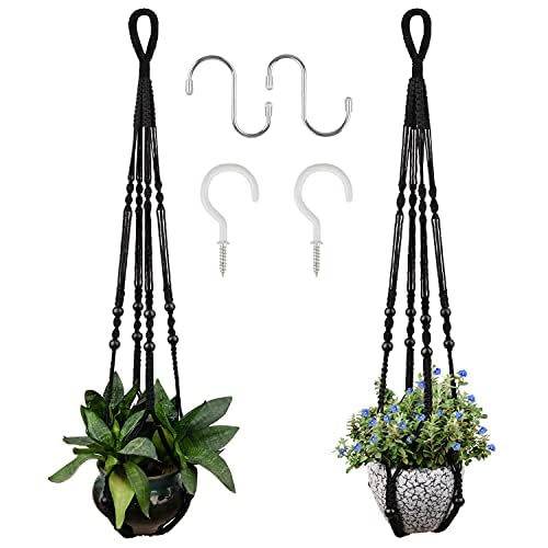 RIFNY Macrame Plant Hanger for 5 to 10 Inch Plant Pots, 35 Inch Woven Rope Hanger Kits with Hooks and Wood Beads, Hanging Planter Basket for Indoor Boho Home Decor (Black, 2 Pack) - color: Black, size: 35 Inch 2 Pack