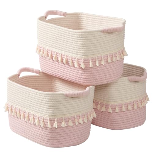 TeoKJ Storage Baskets 3 Packs, Storage Basket for toys,Towel, Storage Bins, Woven Basket for Shelves Bedroom Laundry Nursery, White & Pink - color: White & Pink, size: 3 Pack