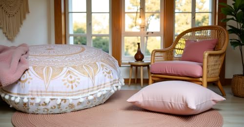 Round Mandala Floor Pillow Cover Seating Cushion Throw Cover Hippie Decorative Bohemian Ottoman Pouf Cover, Pom Pom Pillow Cases,Boho Indian 22 Inches (Gold trishol) - color: Gold Trishol