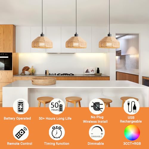 Battery Operated Pendant Light with Remote,Battery Hanging Light Rattan Woven Chandelier No Wiring Needed,Rechargeable Light Bulb 50+Hours Continue Use,Perfect for Kitchen Islands Ceiling Lighting - color: Brown-A
