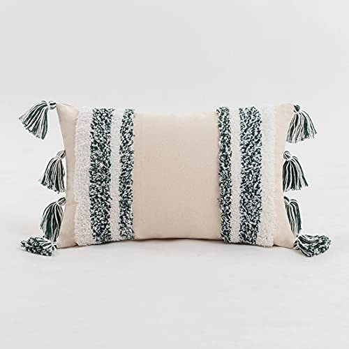 Boho Lumbar Throw Pillow Cover Tufted Woven Decorative Pillowcase with Tassel Rectangle Farmhouse Stripe Cushion Cover for Sofa Bed Living Room (Green,12x20 Inch) - color: Green, size: 20" x 12" (Pack of 1)