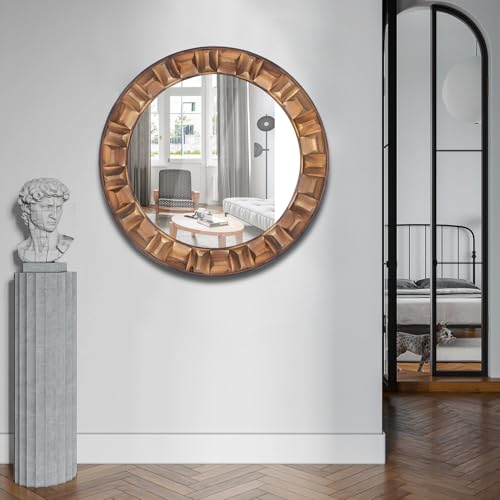 30 Inch Dark Solid Wood Round Wall Mirror, Brown Wooden Decorative Circle Mirror for Bathroom, Bedroom, Living Room, Entryway, Hallway, or Foyer - color: A - Round - 30x30 in