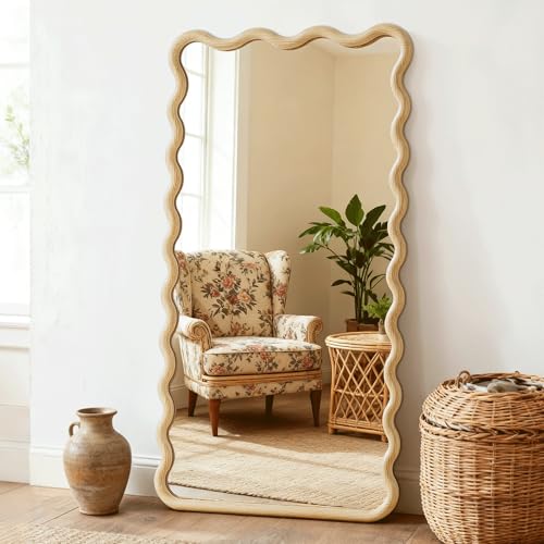 Full Length Mirror, 55"x28" Boho Wavy Wood Floor Mirror, for Bathroom, Bedroom, Living Room, Cloakroom, Entryway - size: 55"L x 28"W