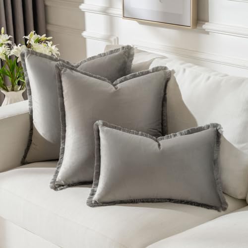FUTEI Grey Velvet Decorative Throw Pillow Covers 24x24 Set of 2,Soft Cozy Edge with Tassels European Cushion Case,Boho Modern Home Decor for Couch Bed Living Room - color: Grey, size: 24" x 24" (Pack of 2)
