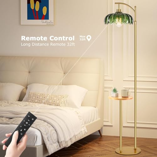 QIYIZM Glass Floor Lamp with Table and Shelves for Living Room Bedroom,Gold Standing Lamp with Remote Dimmable,Boho Brass Tall Lamp Vintage Farmhouse Arc Green Flower Floor Light Bohemian - size: 23-Floor Lamp