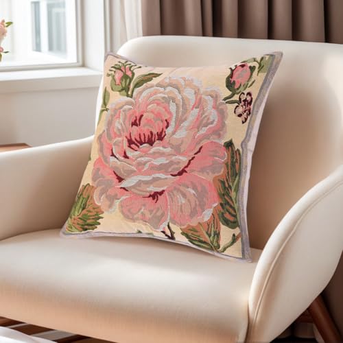 18x18 Tapestry Pillow Cover, Jacquard Woven Large Pink Rose on Beige, Vintage Shabby Chic Floral Throw Pillow Sham for Couch, Victorian Accent Cushion Case, Suede Backing (Vintage Cream & Dusty Rose) - color: Vintage Cream & Dusty Rose