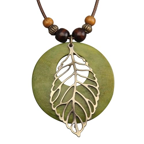 Leather Necklace for Women Long Boho Pendant Hippie Choker Necklace Bohemian Layered Leather Rope Wooden Jewelry Gifts - style: Leather Leaf Necklace