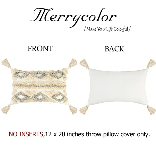 Merrycolor White Grey Boho Throw Pillow Covers 12x20 with Tassels Tufted DecorativeThrow Pillows Neutral Accent Pillowcase Farmhouse Square Cushion Covers for Couch Sofa Bedroom Living Room - color: Grey and White 2, size: 20" x 12" (Pack of 1)
