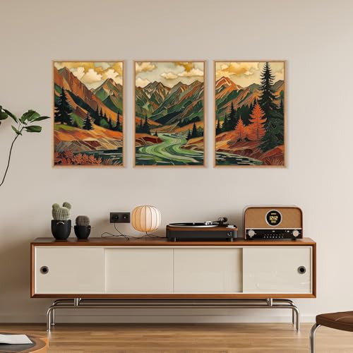 HPINUB Abstract Boho Mountain Framed Canvas Wall Art Set,Vibrant Forest Pine Tree Wall Decor,Textured Landscape Artwork Rustic Linear Scenery Art Print for Living Room,Bedroom,Office-24 x36 x3 - color: Abstract Mountains Wall Art, size: 24"L x 36"W