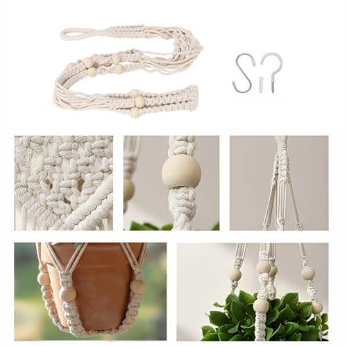 Macrame Plant Hanger Indoor, 23" No Tassel Hanging Plant Holder, Sturdy Flower Pot Holder with 2 Hooks - Ivory (Pot NOT Included) - color: Ivory, size: 23"-1pc