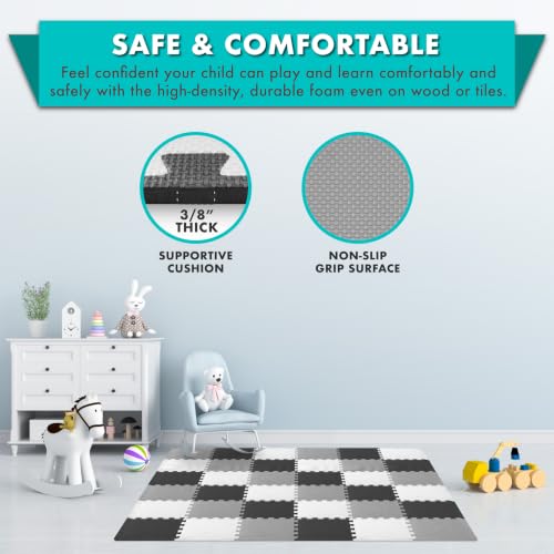 ProSource Baby Play Mat, Soft Foam Floor Tiles for Kids, Interlocking EVA Panels for Playpen Use, Crawling Development Surface, Safe Non-Toxic Toddler Flooring, 72 Tiles, Black/Gray/White - color: Black/Gray/White, size: 72 Tiles