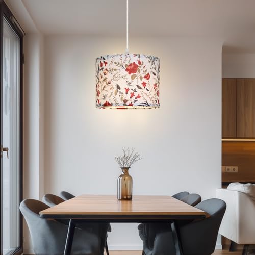 CINSARY Pendant Light with Flower Fabric Shade, Pendant Lights Kitchen Island with Dimmable Switch, Hanging Lamp with 15 ft Clear Cord, Hanging Lamp for Bedroom Dining Room Living Room (Bulb Included) - color: Flower-2