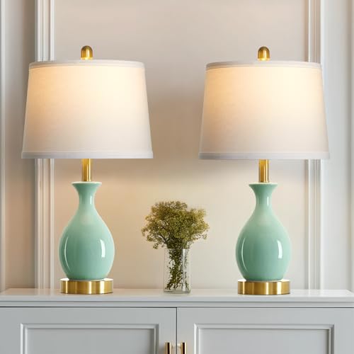 24″ Sage Green Ceramic Table Lamps Set of 2, Modern Classic Bedside Lamps for Bedroom Nightstand, Small Table Lamp for Living Room Side Table (2 LED Bulbs Included) - color: Sage Green - 24"H