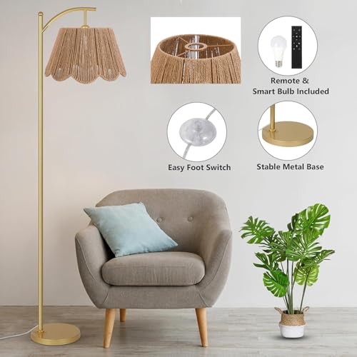 Arc Floor Lamp for Living Room with Remote Control，Rattan Boho Floor Lamp with Hand-Woven Wicker Shade, Foot Switch, Gold/Silvery Metal Base & Pole,Standing Lamp for Bedroom (Gold&Paper Rope) - color: Gold&Light Brown