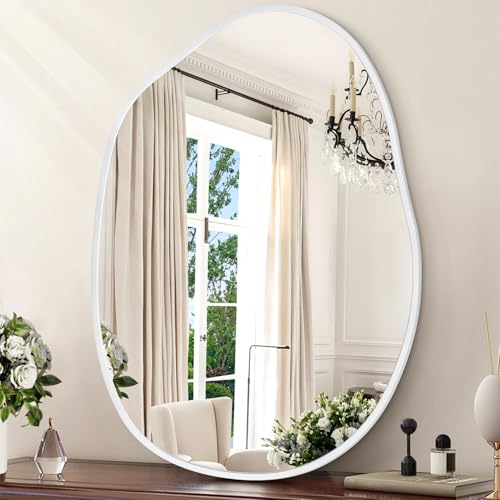 Large Asymmetrical Wall Mirror Aluminum Alloy Frame Irregular Bathroom Mirrors Brushed Metal Vanity Wall Mounted Mirror for LivingRoom Bedroom Entryway Room Home Decor White 26"x37.5" - color: White, size: 37.5"L x 26"W