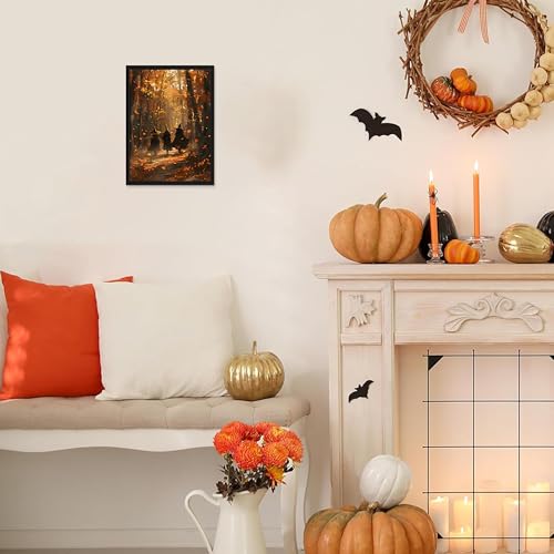 Framed Halloween Witch Wall Art - Autumn Forest Witch Canvas Print, Vintage Gothic Dark Academia Halloween Wall Decor, Spooky Fall Artwork for Bedroom Living Room Home 8x10in Wood Frame - color: Witch, size: 10"L x 8"W