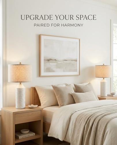 White Table Lamps Set of 2, 22" Ceramic Bedside Lamps for Bedroom - Nightstand Lamp Set of 2 with Linen Shade, Modern Farmhouse Side Table Lamps for Living Room, Rotary Switch, E26 Base