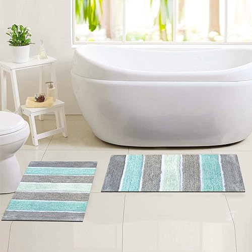 Chardin home Cordural Stripes Bath Mat, Set of 2 Bath Rugs (17 Inches x24 Inches & 21 Inches x34 Inches) | Non Slip Bathroom Rug, Machine Washable, Plush, Highly Absorbent | Mint Green & Grey - color: Mint Green & Grey