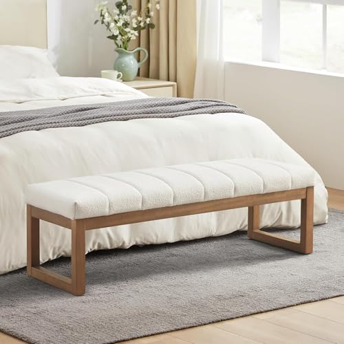Zihanhome 52.7" Bedroom Bench for End of Bed, Modern Upholstered Teddy Fabric Entryway Bench & Dining Bench, Footrest Stool Bench with Solid Wood Frame for Bedroom, Living Room (Beige) - color: Beige