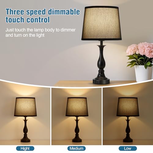 Bedside Table Lamp Touch Control Bedroom Lamps with USB A + C Charging Port 3 Way Dimmable Touch Lamps for Nightstand Living Room Bedroom Dorm Home Office Reading, Set of 2 (Black Shade & Black Base) - color: Black Shade & Black Base