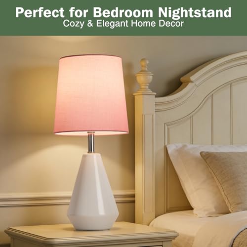 Small Bedside Table Lamp for Bedroom - Reading Desk Lamp with 3 Color Temperatures，15.5" Nightstand Ceramic Lamp with Fabric Shade for Kids Room,Living Room,Dorm,Home Office (White+Pink - color: White+Pink, size: 15.5"