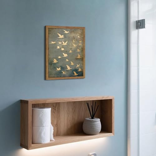 Framed Flock of Birds Canvas Wall Art, Vintage Minimalist Abstract Landscape Painting, Neutral Gold Birds Spiritual Wall Decor, Modern Aesthetic Pictures for Bedroom Living Room 16x24 inch - color: Flying pigeons, size: 24"L x 16"W