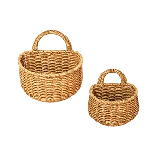 Wicker Wall Hanging Baskets,2 Pcs Handmade Rattan Hanging Wall Baskets for Plants,Flowers,Fruit,Vegetable and Magazines,Woven Wall Mount Decorative Basket for Kitchen, Living Room (Round) - color: Round