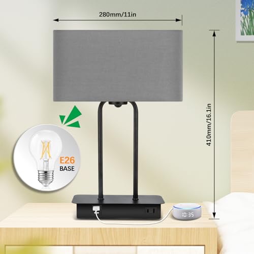 16.1'' 3-Way Dimmable Touch Control Table Lamp with USB Ports and AC Power Outlet Modern Bedside Nightstand Lamp Fabric Shade and Metal Base for Bedroom Living Room LED Bulb Included Warm White - color: Gray