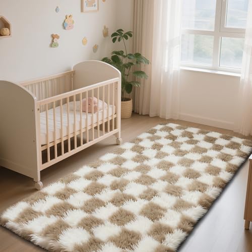 Checkered Rug for Bedroom, 2x4 Beige and White Area Rugs, Classic Checkered Carpets Shag Area Rug, Bedside Rugs for Living Room Bedroom Room Home Decor - color: Beige and White, size: 2' x 4' (Rectangular)