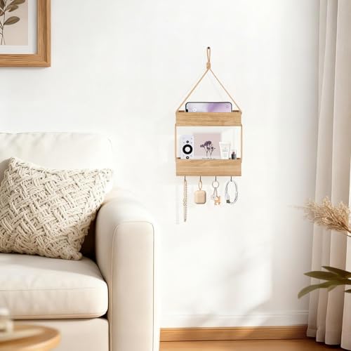 Mkono Macrame Hanging Shelf for Bedside Shelf Organizer with Hooks, Boho Wall Decor Cute Vintage Wood Floating Shelves for Girls Bedroom Dorm Nursery, Wall Storage for Phone, Remote, Accessories