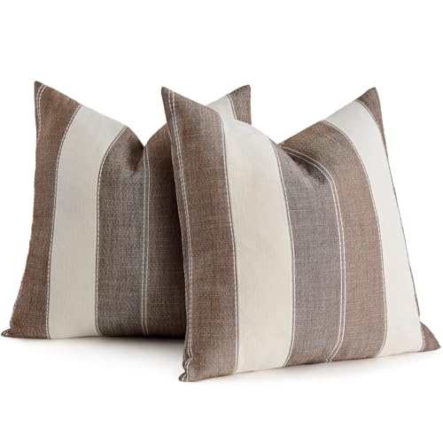 AmHoo Pack of 2 Farmhouse Stripe Check Throw Pillow Covers Set Case Cotton Linen Decorative Pillowcases Cushion Cover for Couch Bench Sofa 18x18Inch Brown - color: Brown, size: 18" x 18" (Pack of 2)