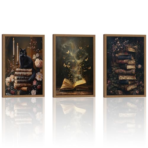 3pcs Framed Vintage Book & Cat Canvas Wall Art Set - Magical Books with Butterflies, Floral & Candle DecorCanvas painting - Décor for Living Room, Bedroom, or Office12x16in - color: Retro Flower Book Cat, size: 12x16in
