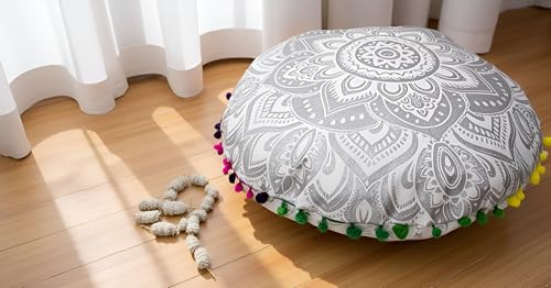CRAFT KALA 22" Bohemian Floor Pillow Pouf Cover Mandala Boho Large Round Meditation Room Pillow Covers for Adults Seating Poufs Cushion Cover for Kids Playroom Silver Flower - color: Silver, size: 22" x 22" (Pack of 1)