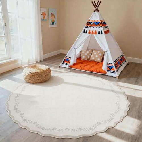 GarveeHome Round Area Rugs 4ft for Kids Room, Solid Beige Scalloped Washable Circle Rug Soft Non Slip Floral Print Floor Mat Carpet Indoor Thin Tent Rug for Bedroom Dining Room Playroom Nursery - color: Beige, size: 4' (Round)