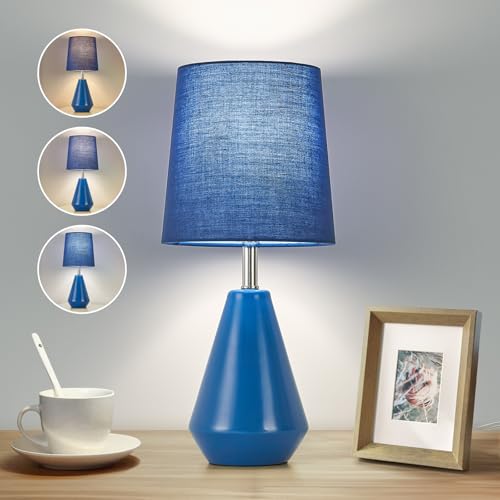 Small Bedside Table Lamp for Bedroom - Reading Desk Lamp with 3 Color Temperatures，15.5" Nightstand Ceramic Lamp with Fabric Shade for Kids Room,Living Room,Dorm,Home Office (Blue) - color: Blue, size: 15.5"