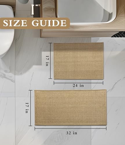 YIHOUSE Bathroom Rugs Sets 2 Pieces, Beige Ultra Thin Bath Mats Fit Under Door, Absorbent Quickly Dry Rubber Backing Braided Bath Mat Set, Non Slip Washable Bath Rugs for Bathroom Floor, Beige - color: Beige, size: 2pieces