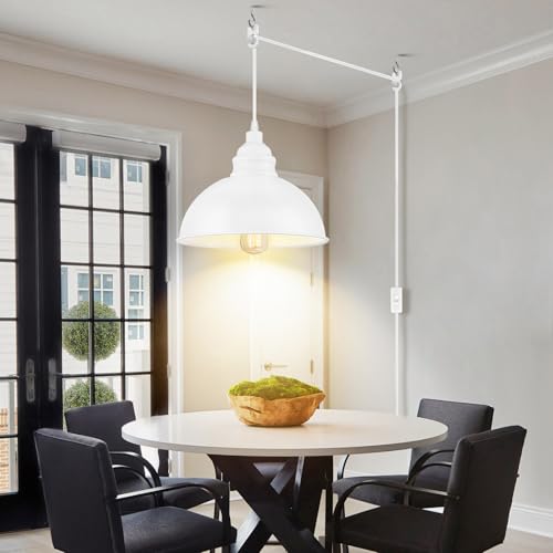 Plug in Pendant Light, 15FT Hanging Lights with Plug in Cord, On/Off Switch, Industrial Pendant Light with Plug in Cord, Metal Hanging Lamps for Living Room, Kitchen, Dining Room-Large White - color: Large white
