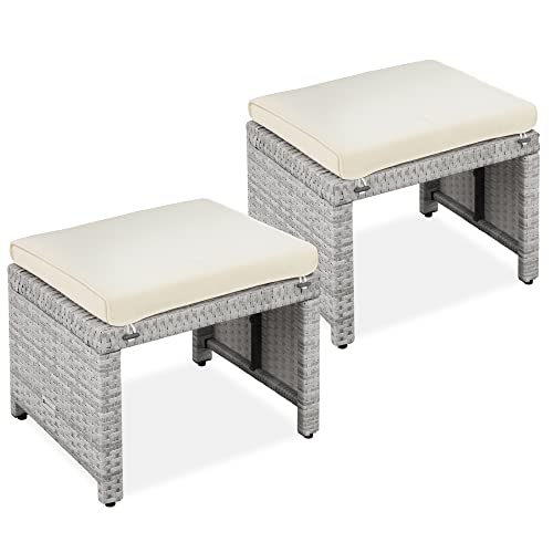Best Choice Products Set of 2 Wicker Ottomans, Multipurpose Outdoor Furniture for Patio, Backyard, Additional Seating, Footrest, Side Table w/Removable Cushions, Steel Frame - Gray/Cream - color: Gray/Cream