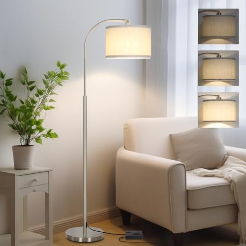 Arc Floor Lamp, Dimmable Floor Lamp for Living Room, Standing Lamp with Adjustable Drum Shade, Tall Pole Lamp for Bedroom Study Room Office, 9W 3000K LED Bulb Included - color: Silver
