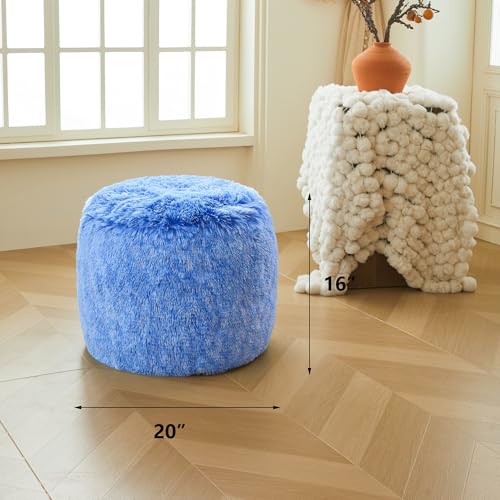 XeGe Fluffy Faux Fur Inflatable Pouf Ottoman, Soft Shaggy Fuzzy Foot Stool, Plush Furry Foot Rest Floor Pouf Anti-Slip, Foldable Round Ottoman Cushion Living Room Bedroom Home Decor, Ombre Blue - color: Ombre Blue, size: 20"x20"x16"